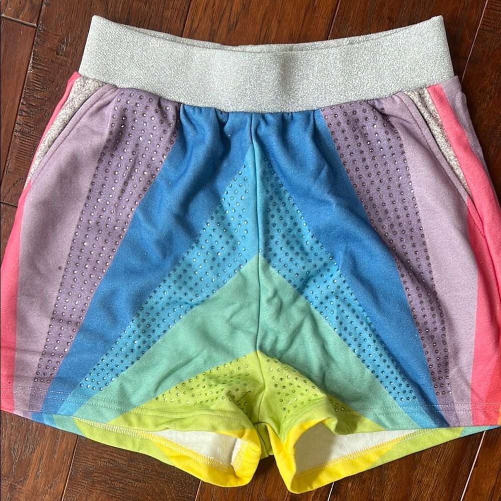 NWT: Queen of Sparkles Rainbow Rhinestone French Terry Short